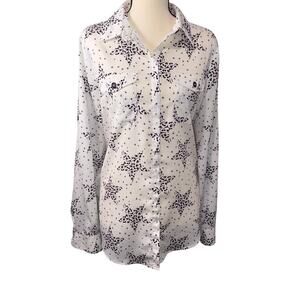 Karl Lagerfeld Paris White Star Logo Print Button Down Blouse Shirt Roll Tab M